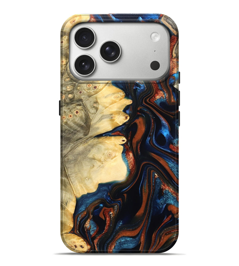 iPhone 17 Pro Max Wood Live Edge Phone Case - Tilda (Teal & Gold, 823512)