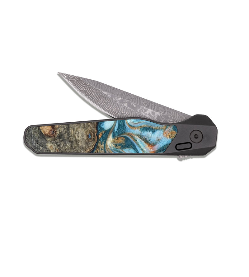 EDC Dark Damascus Wood Pocket Knife - Elio (Teal & Gold, 823528)