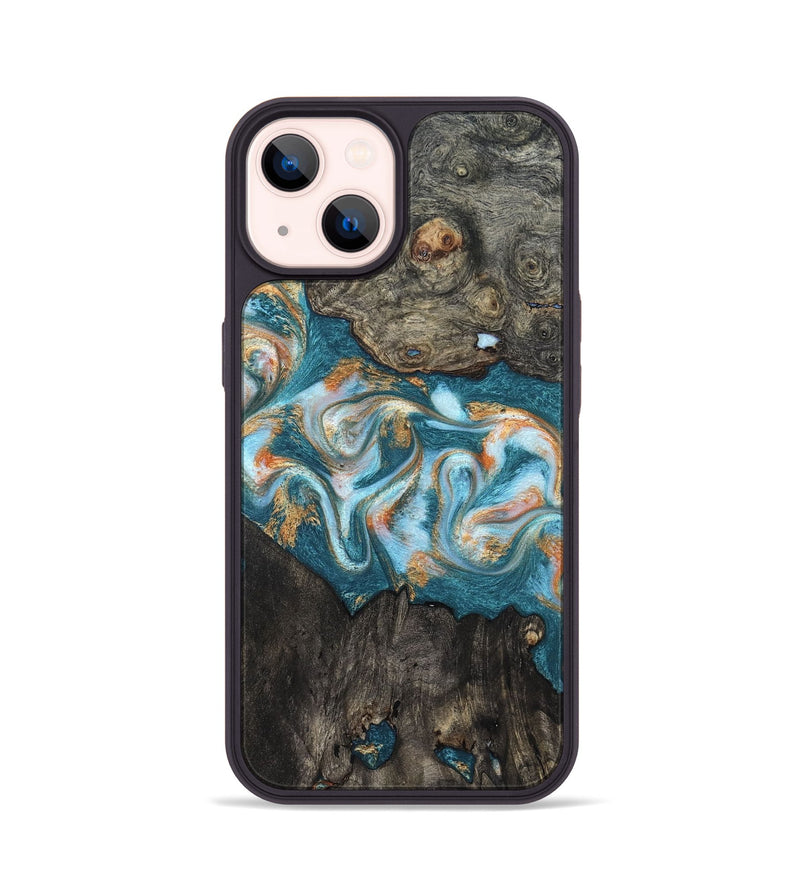 iPhone 14 Wood Phone Case - Elio (Teal & Gold, 823528)