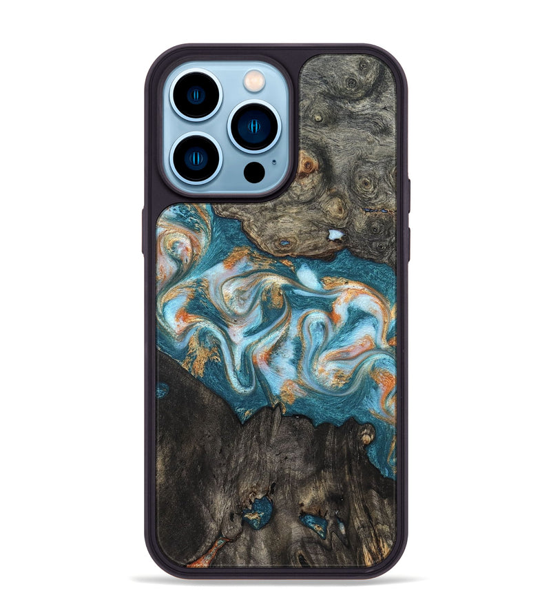 iPhone 14 Pro Max Wood Phone Case - Elio (Teal & Gold, 823528)