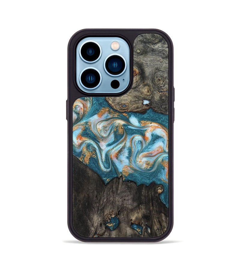 iPhone 14 Pro Wood Phone Case - Elio (Teal & Gold, 823528)