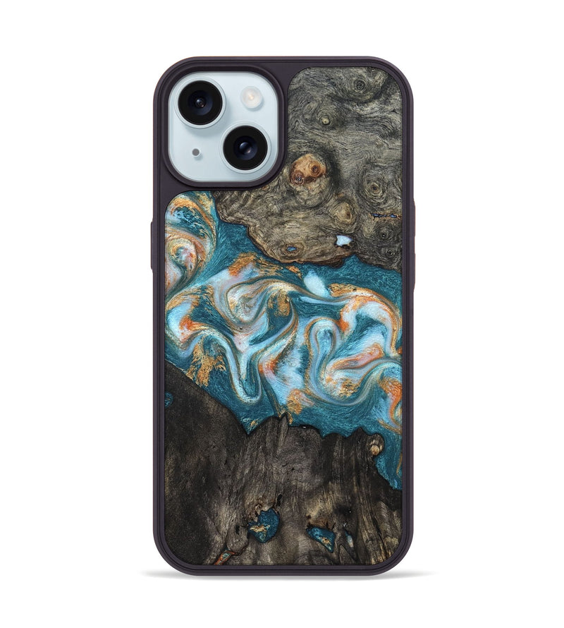 iPhone 15 Wood Phone Case - Elio (Teal & Gold, 823528)