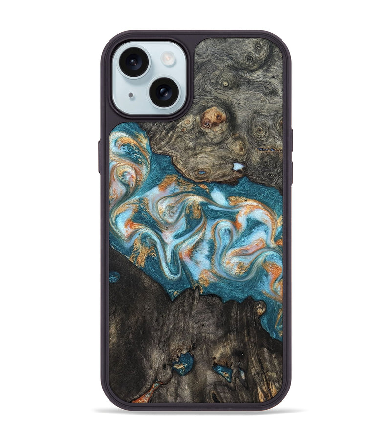 iPhone 15 Plus Wood Phone Case - Elio (Teal & Gold, 823528)