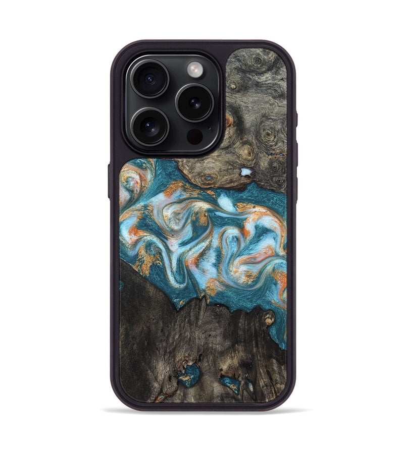 iPhone 15 Pro Wood Phone Case - Elio (Teal & Gold, 823528)