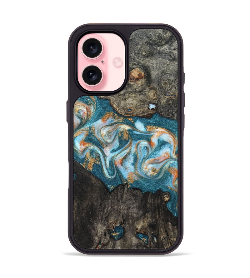 iPhone 16 Wood Phone Case - Elio (Teal & Gold, 823528)