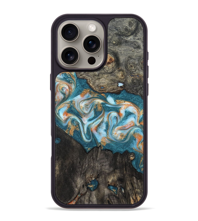 iPhone 16 Pro Max Wood Phone Case - Elio (Teal & Gold, 823528)