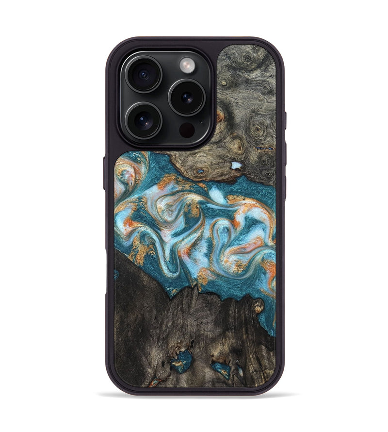 iPhone 16 Pro Wood Phone Case - Elio (Teal & Gold, 823528)