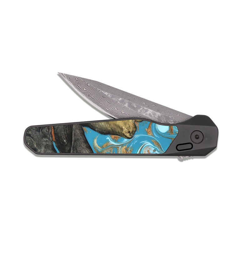 EDC Dark Damascus Wood Pocket Knife - Jerome (Teal & Gold, 823529)