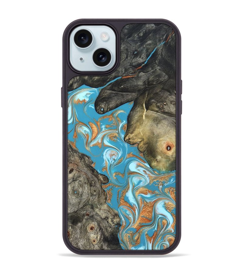 iPhone 15 Plus Wood Phone Case - Jerome (Teal & Gold, 823529)