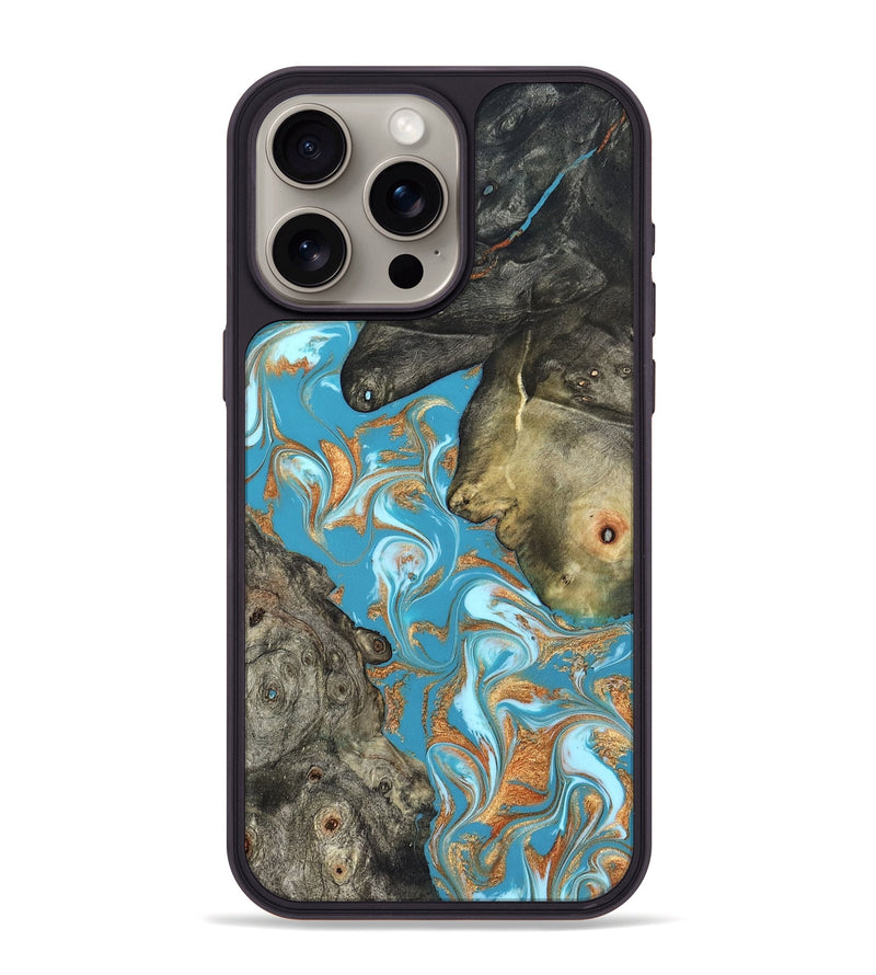 iPhone 15 Pro Max Wood Phone Case - Jerome (Teal & Gold, 823529)