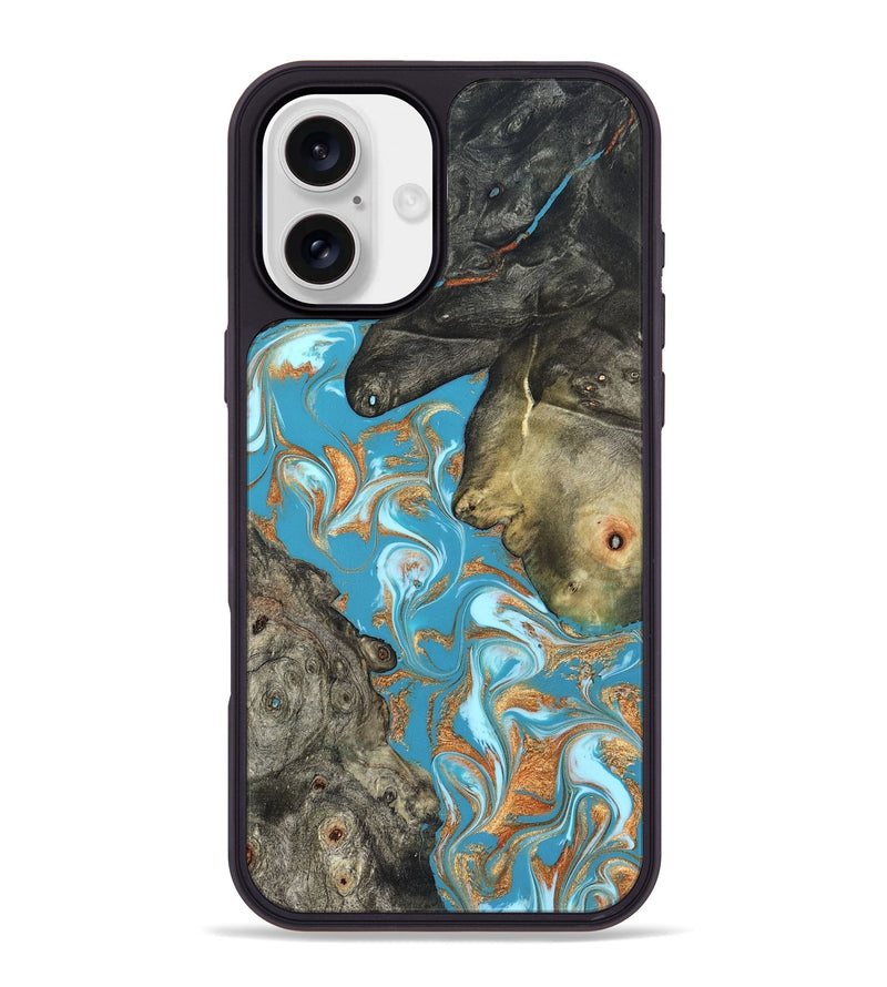 iPhone 16 Plus Wood Phone Case - Jerome (Teal & Gold, 823529)