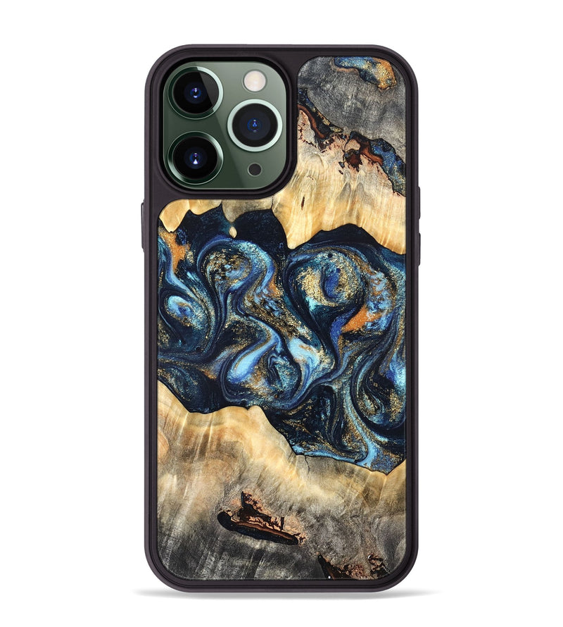 iPhone 13 Pro Max Wood Phone Case - Deron (Teal & Gold, 823530)