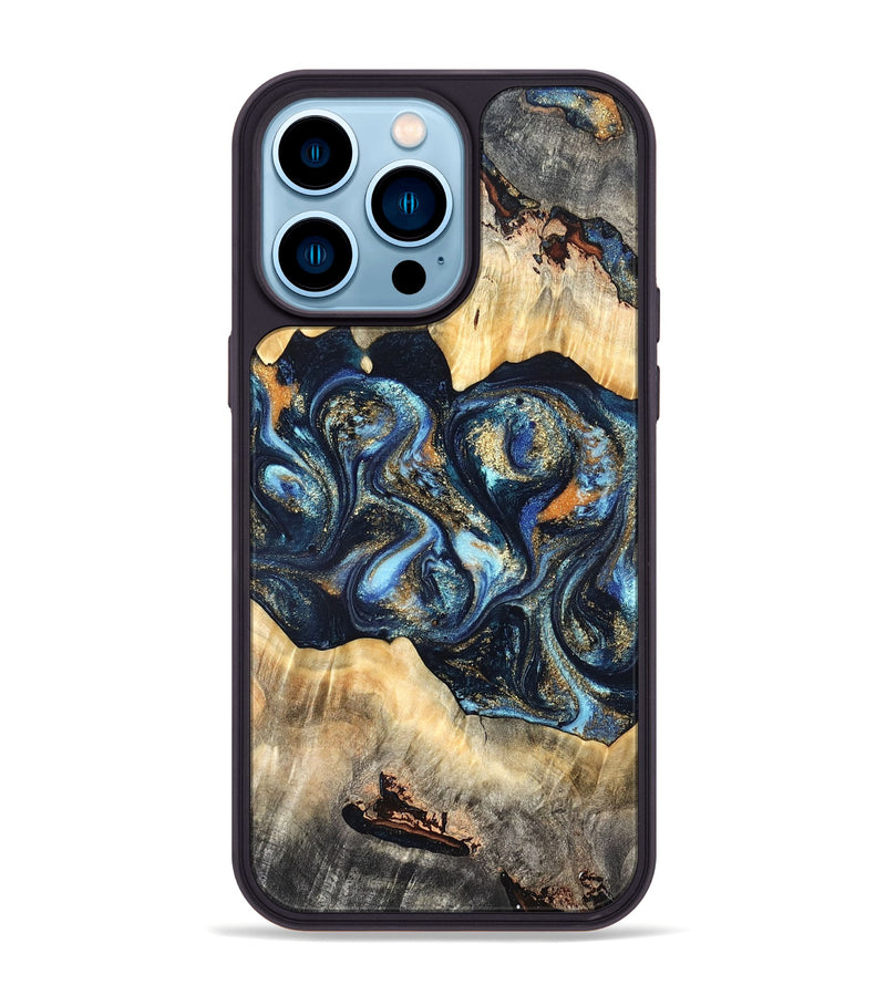 iPhone 14 Pro Max Wood Phone Case - Deron (Teal & Gold, 823530)