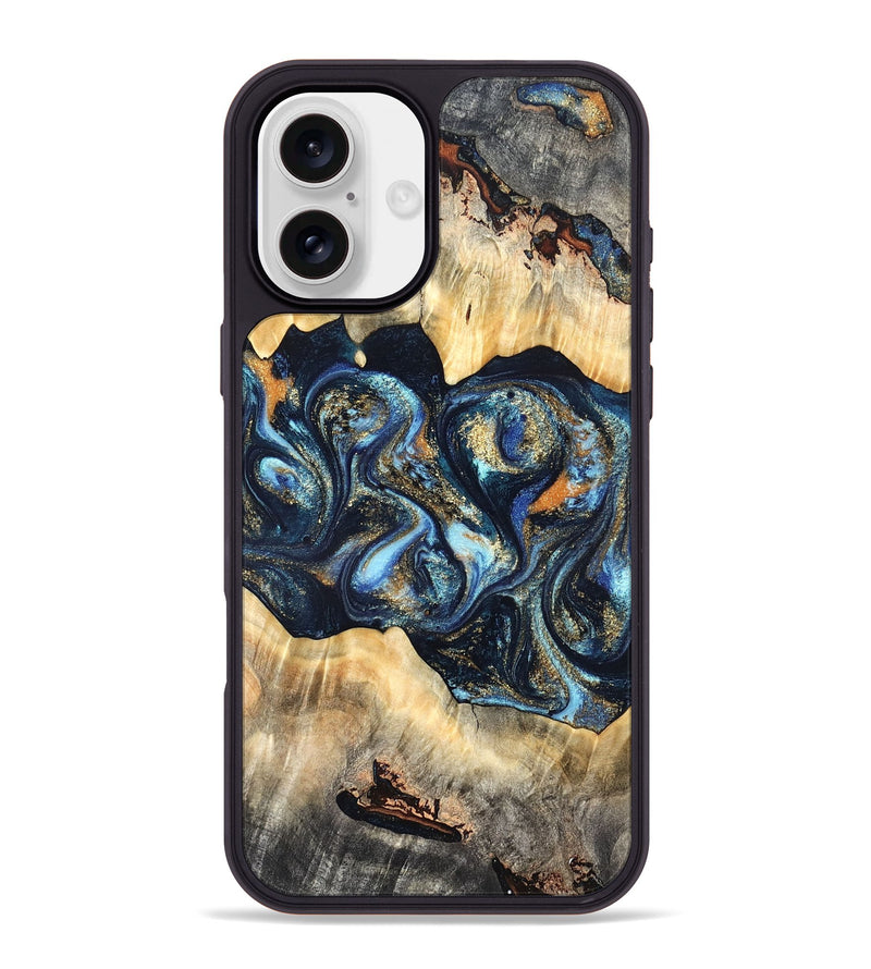 iPhone 16 Plus Wood Phone Case - Deron (Teal & Gold, 823530)