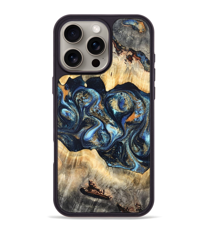 iPhone 16 Pro Max Wood Phone Case - Deron (Teal & Gold, 823530)
