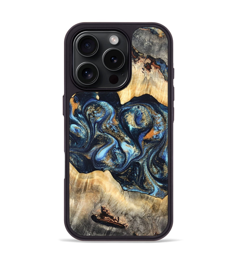 iPhone 16 Pro Wood Phone Case - Deron (Teal & Gold, 823530)