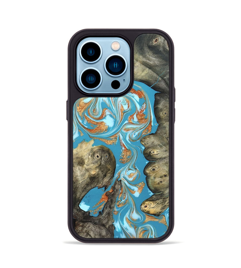 iPhone 14 Pro Wood Phone Case - Anya (Teal & Gold, 823647)