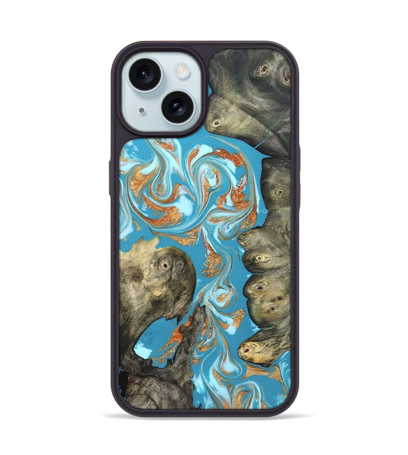 iPhone 15 Wood Phone Case - Anya (Teal & Gold, 823647)