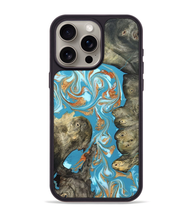 iPhone 15 Pro Max Wood Phone Case - Anya (Teal & Gold, 823647)