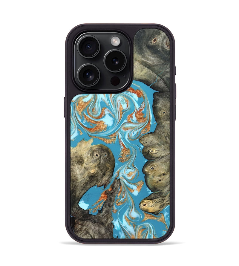 iPhone 15 Pro Wood Phone Case - Anya (Teal & Gold, 823647)