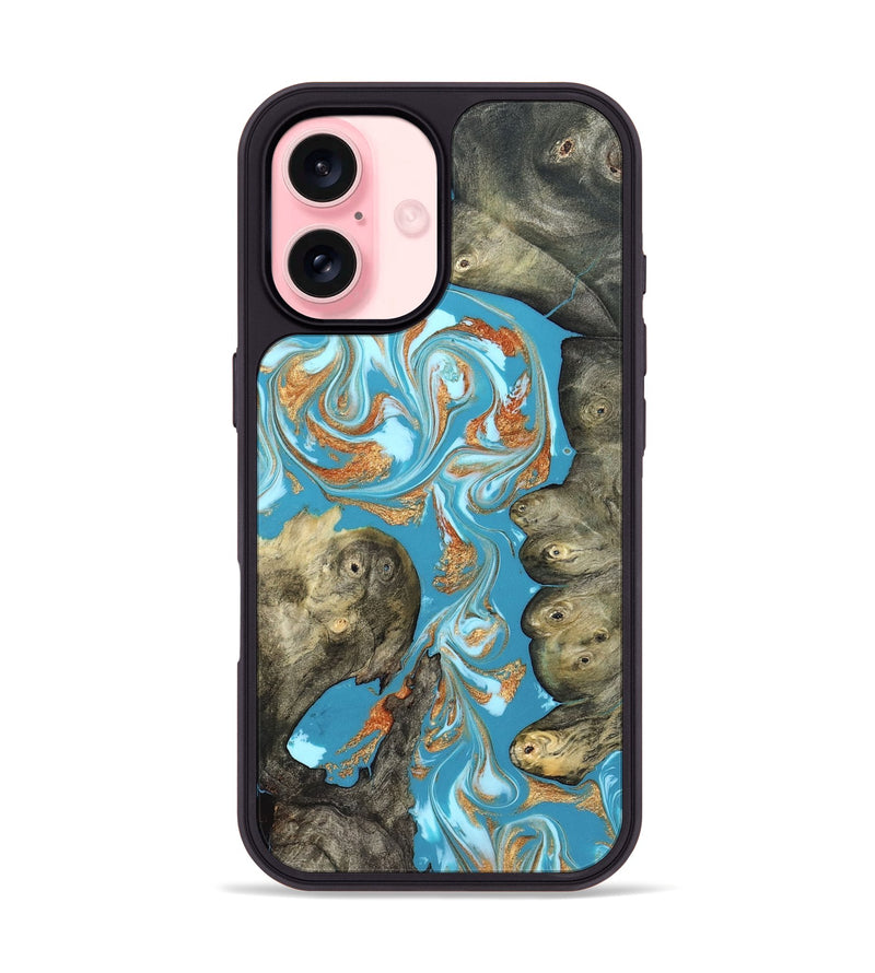 iPhone 16 Wood Phone Case - Anya (Teal & Gold, 823647)
