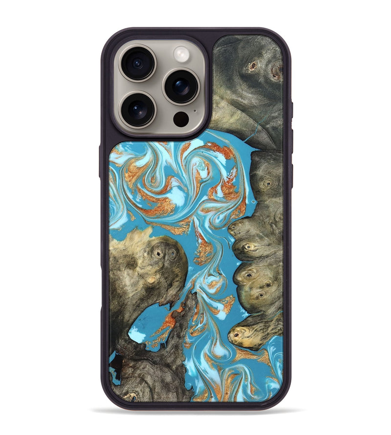 iPhone 16 Pro Max Wood Phone Case - Anya (Teal & Gold, 823647)
