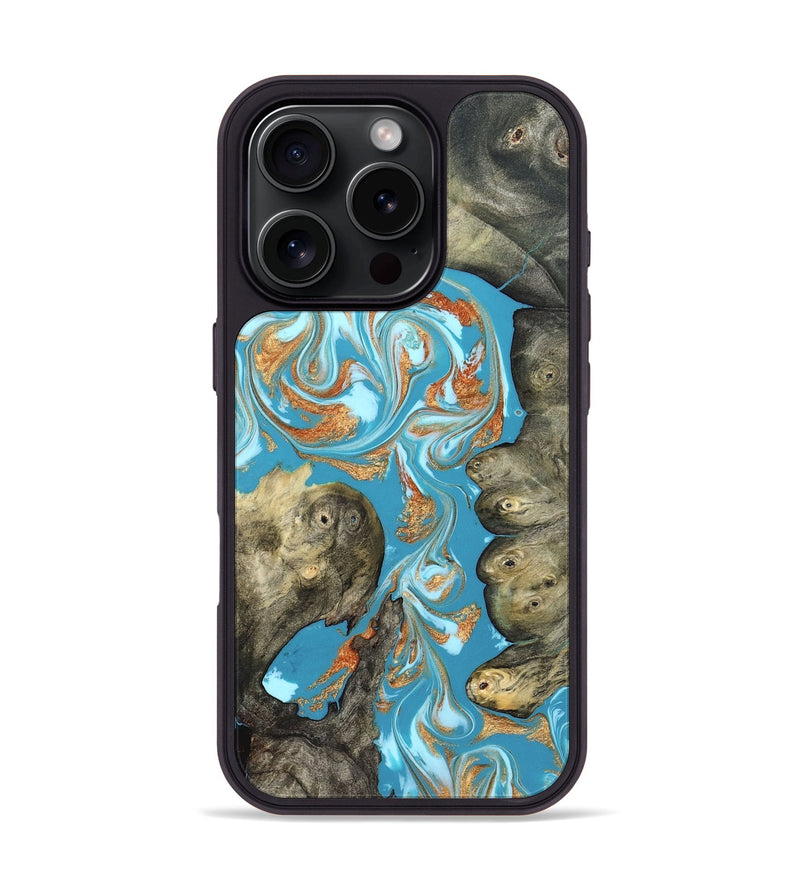 iPhone 16 Pro Wood Phone Case - Anya (Teal & Gold, 823647)