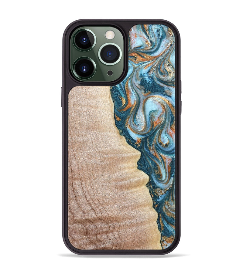 iPhone 13 Pro Max Wood Phone Case - Lovie (Teal & Gold, 823648)