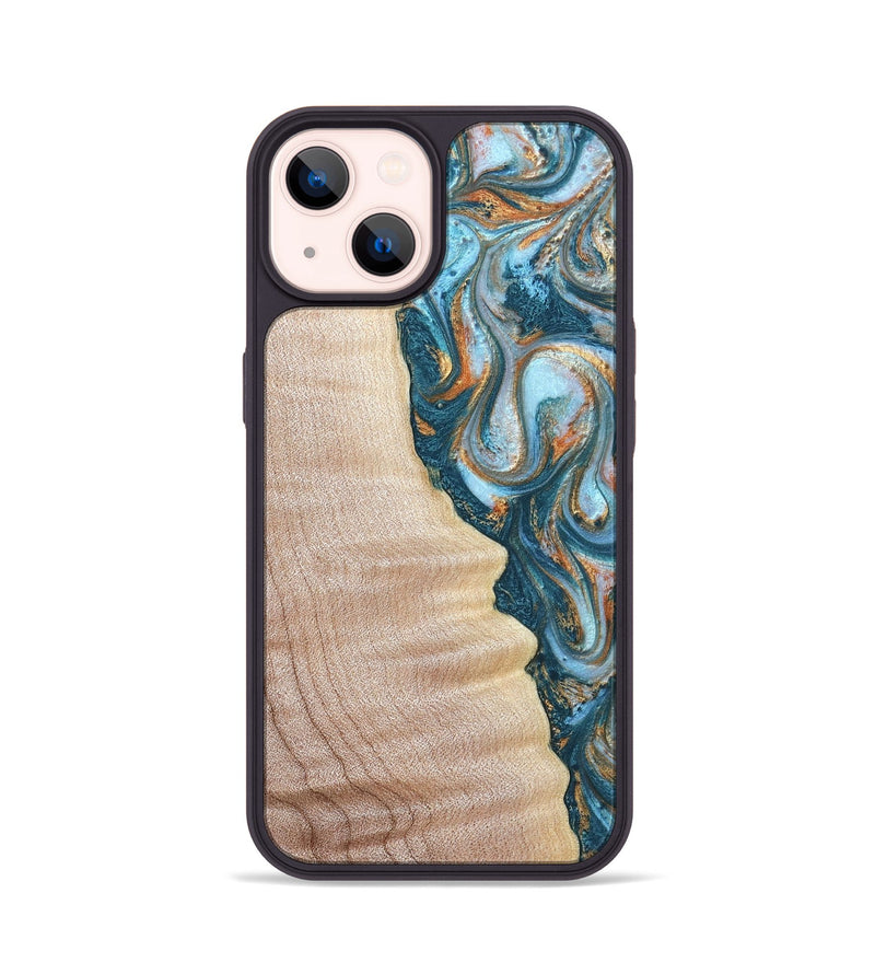 iPhone 14 Wood Phone Case - Lovie (Teal & Gold, 823648)