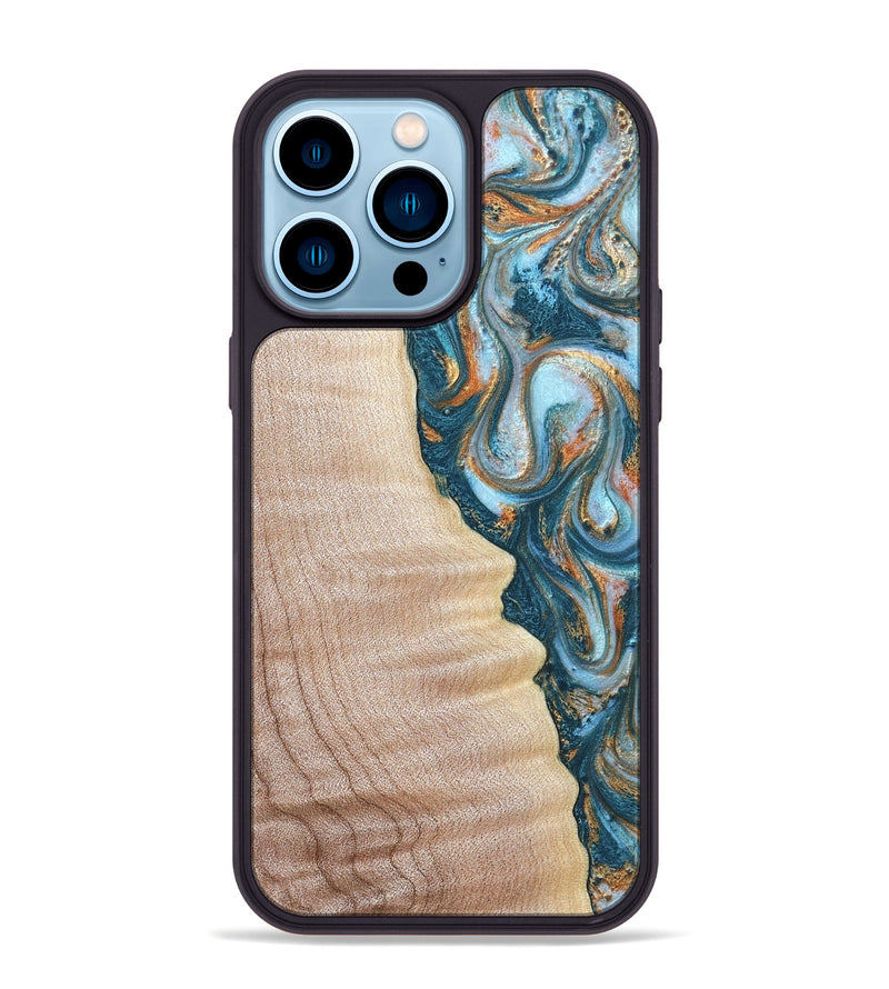 iPhone 14 Pro Max Wood Phone Case - Lovie (Teal & Gold, 823648)
