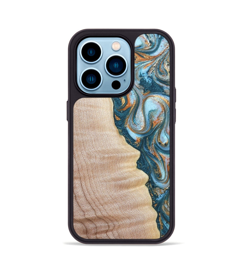 iPhone 14 Pro Wood Phone Case - Lovie (Teal & Gold, 823648)
