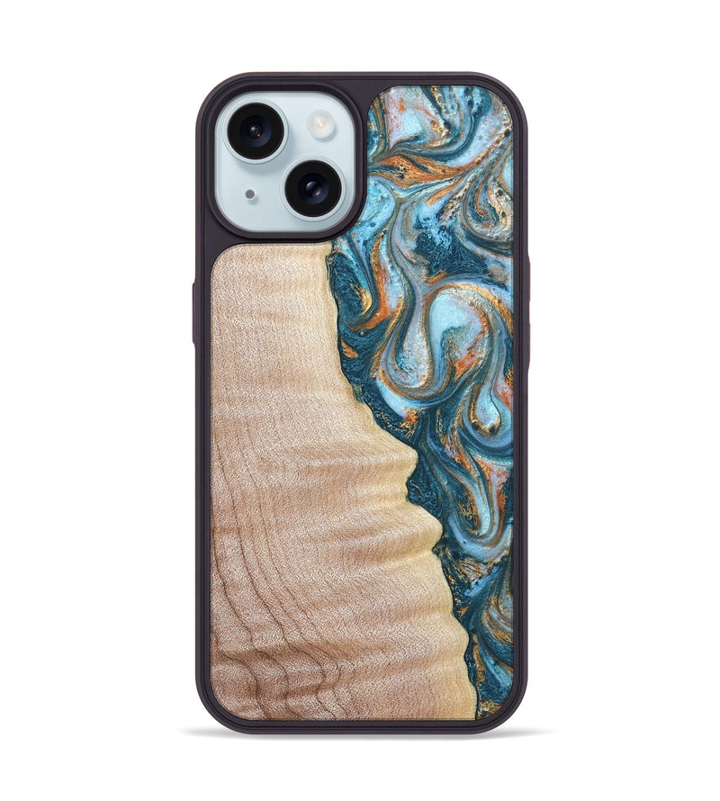 iPhone 15 Wood Phone Case - Lovie (Teal & Gold, 823648)