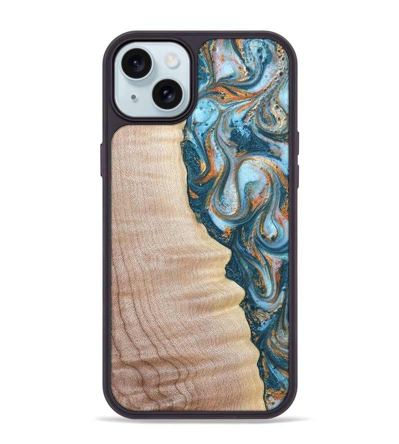 iPhone 15 Plus Wood Phone Case - Lovie (Teal & Gold, 823648)