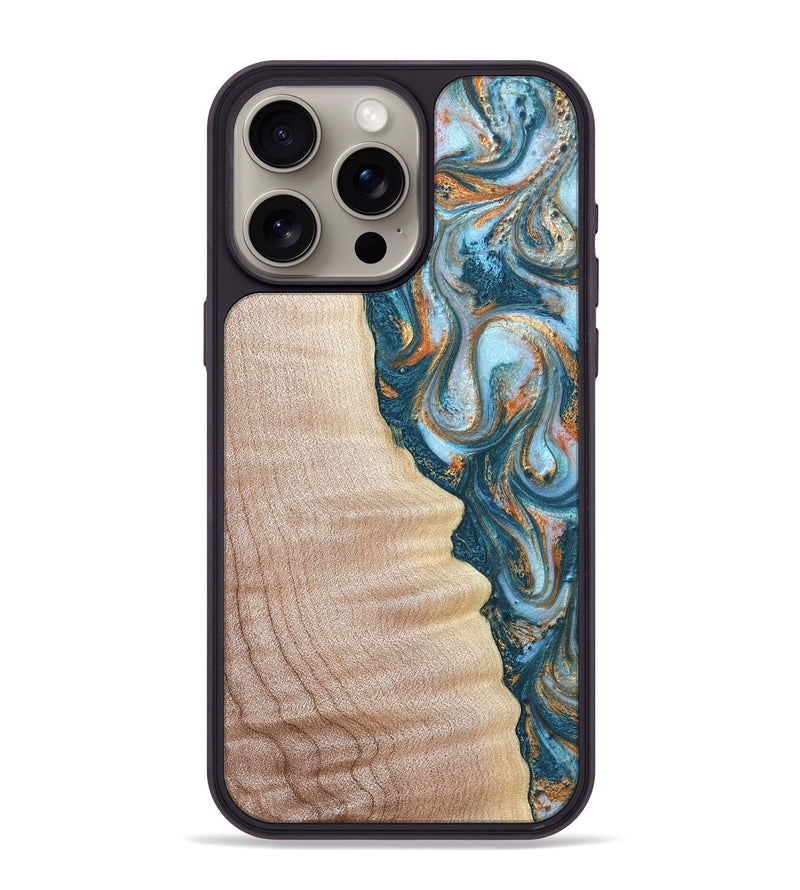 iPhone 15 Pro Max Wood Phone Case - Lovie (Teal & Gold, 823648)
