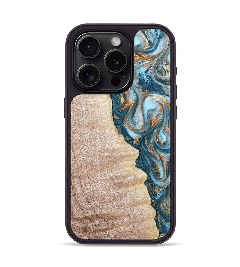 iPhone 15 Pro Wood Phone Case - Lovie (Teal & Gold, 823648)