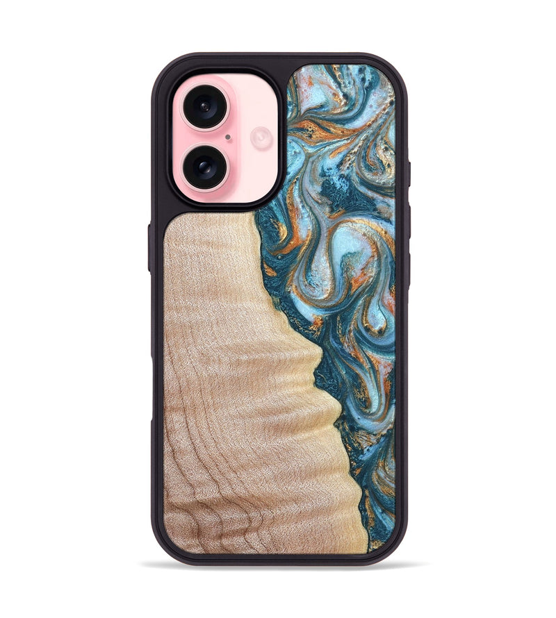 iPhone 16 Wood Phone Case - Lovie (Teal & Gold, 823648)