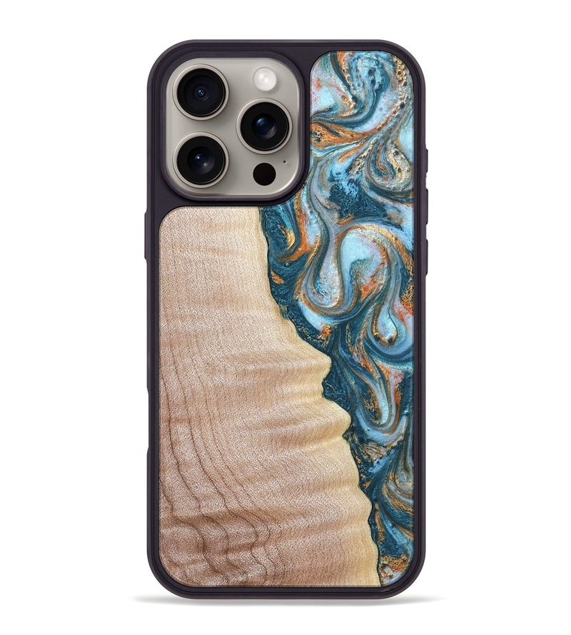 iPhone 16 Pro Max Wood Phone Case - Lovie (Teal & Gold, 823648)