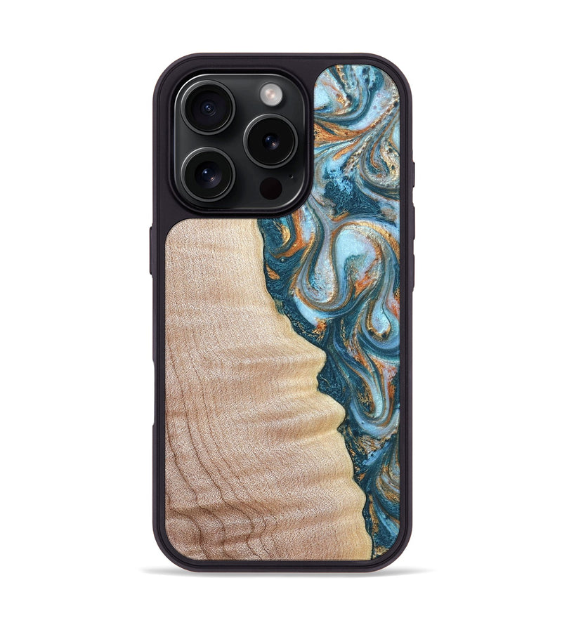 iPhone 16 Pro Wood Phone Case - Lovie (Teal & Gold, 823648)