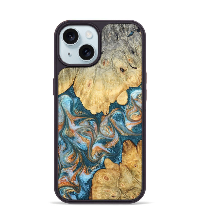 iPhone 15 Wood Phone Case - Jolie (Teal & Gold, 823688)