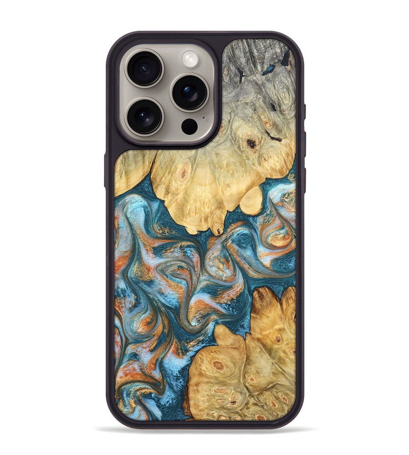 iPhone 15 Pro Max Wood Phone Case - Jolie (Teal & Gold, 823688)
