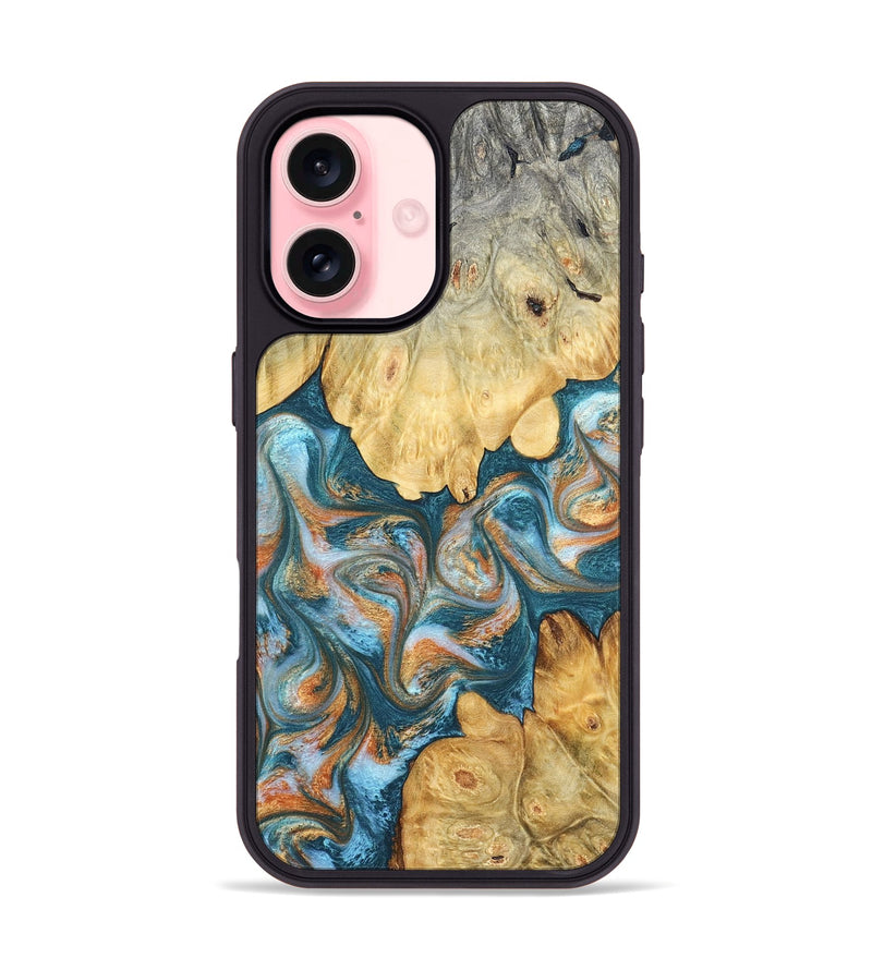 iPhone 16 Wood Phone Case - Jolie (Teal & Gold, 823688)