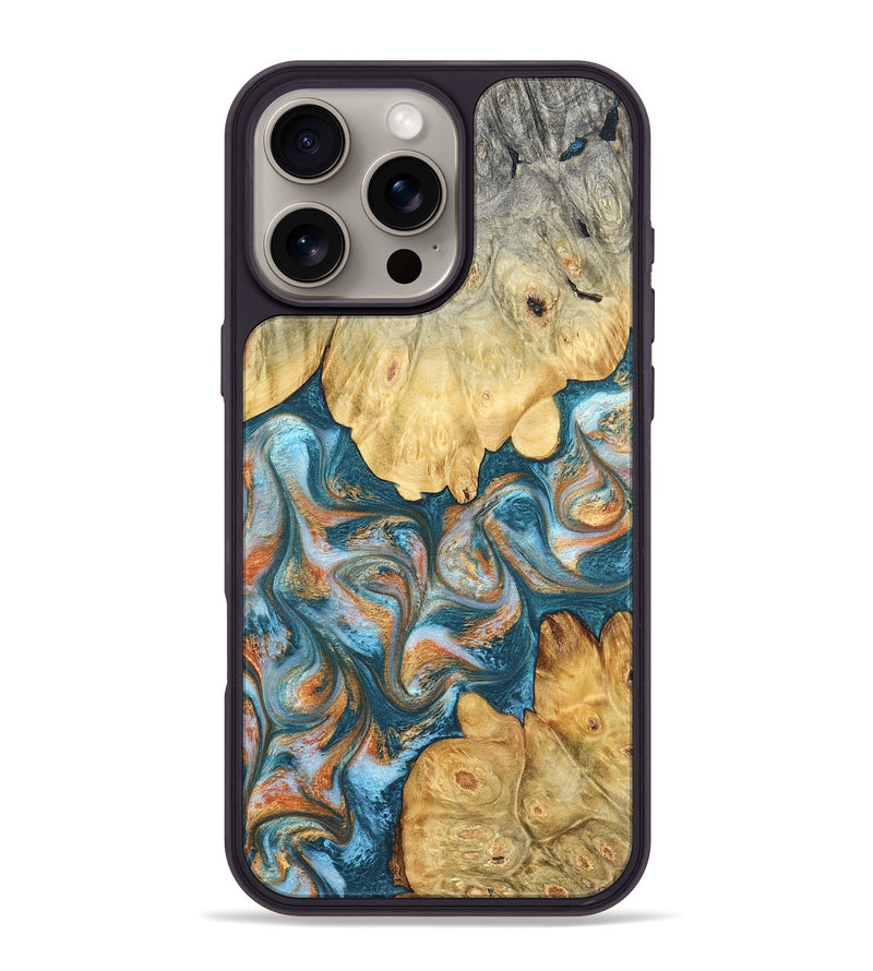iPhone 16 Pro Max Wood Phone Case - Jolie (Teal & Gold, 823688)