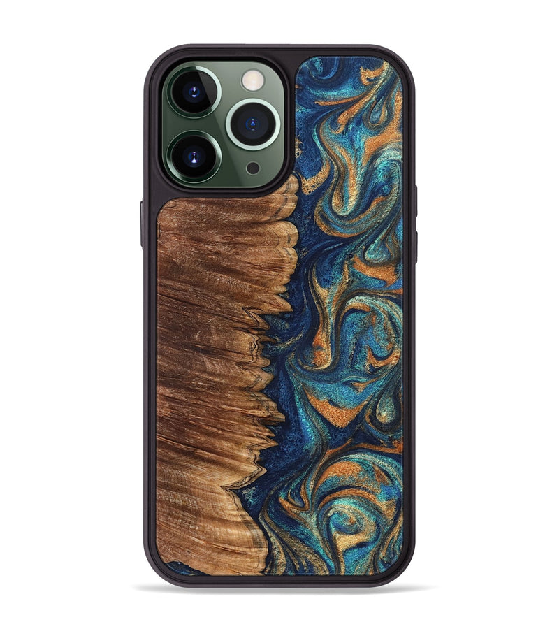 iPhone 13 Pro Max Wood Phone Case - Madden (Teal & Gold, 823692)