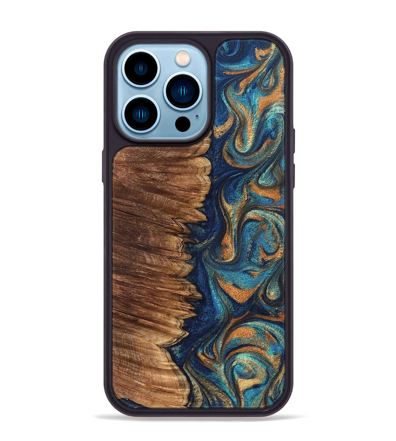 iPhone 14 Pro Max Wood Phone Case - Madden (Teal & Gold, 823692)