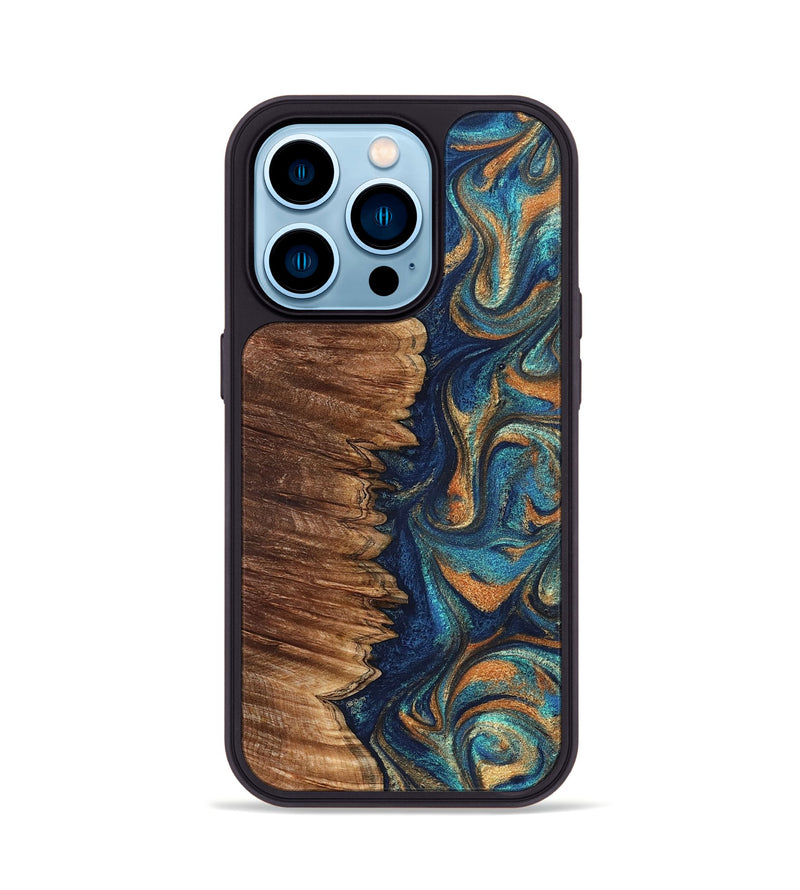 iPhone 14 Pro Wood Phone Case - Madden (Teal & Gold, 823692)