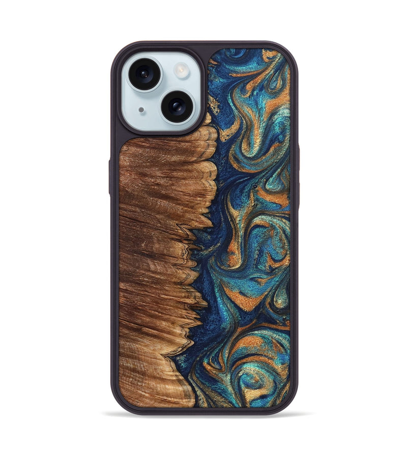 iPhone 15 Wood Phone Case - Madden (Teal & Gold, 823692)