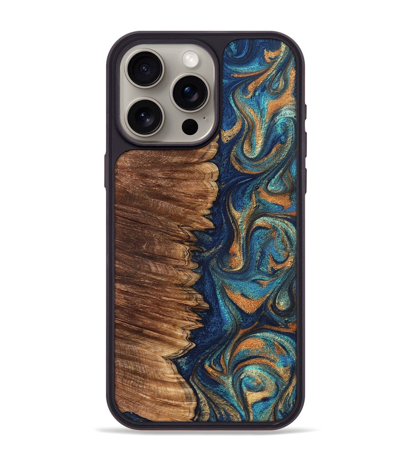 iPhone 15 Pro Max Wood Phone Case - Madden (Teal & Gold, 823692)
