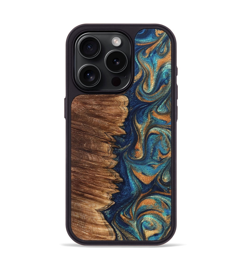 iPhone 15 Pro Wood Phone Case - Madden (Teal & Gold, 823692)