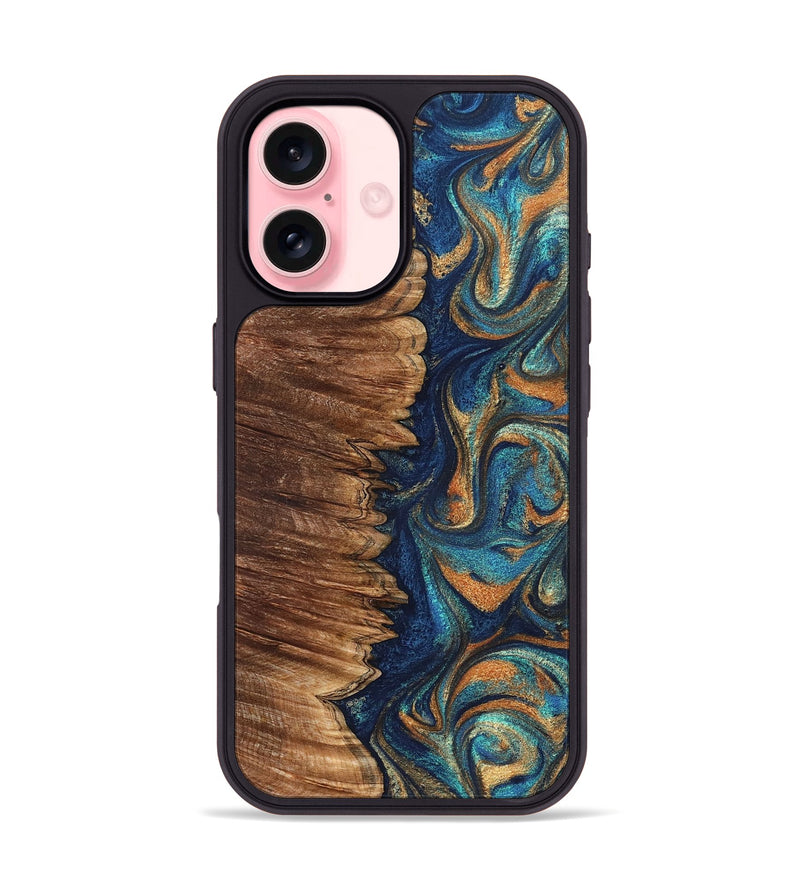 iPhone 16 Wood Phone Case - Madden (Teal & Gold, 823692)