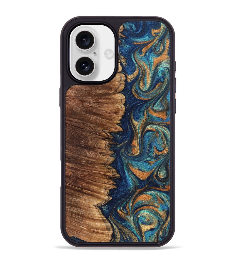 iPhone 16 Plus Wood Phone Case - Madden (Teal & Gold, 823692)